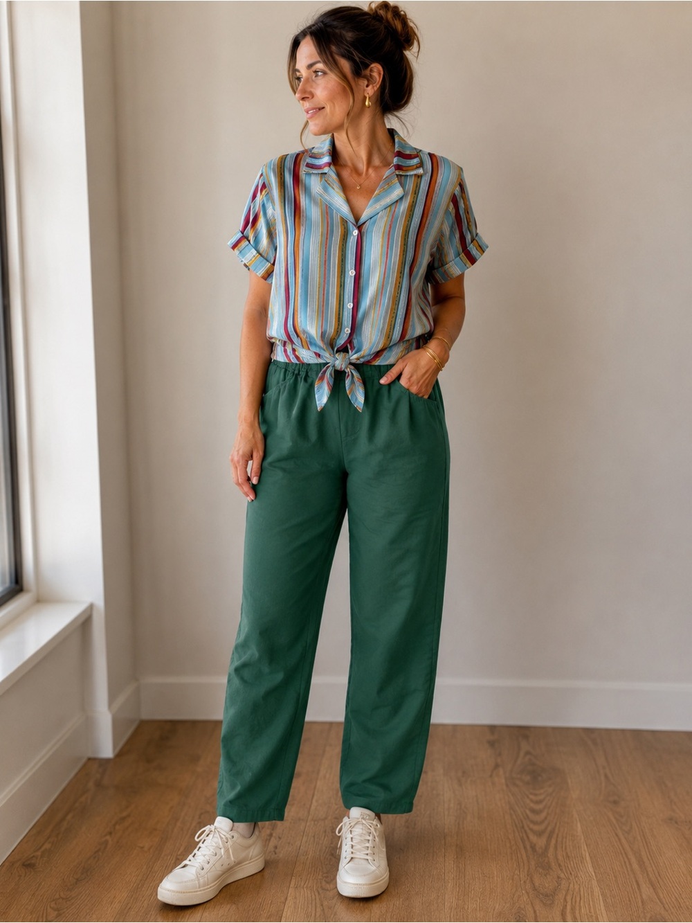 Monteau Striped Tie-Front Button-Up Top in Multi-Color